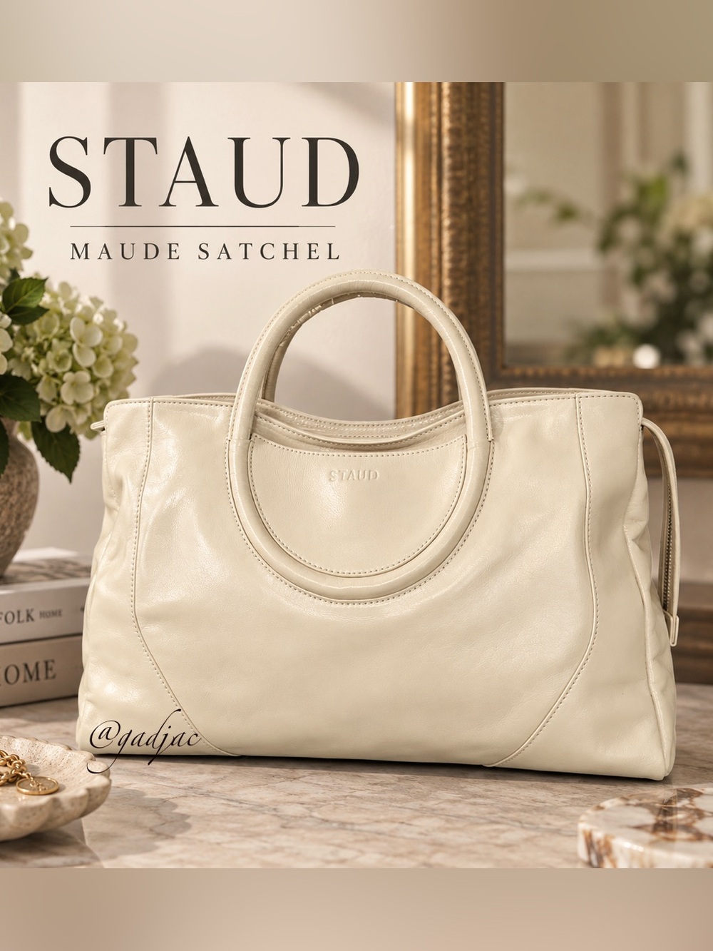 NWT | STAUD Cream Leather Maude Satchel Bag